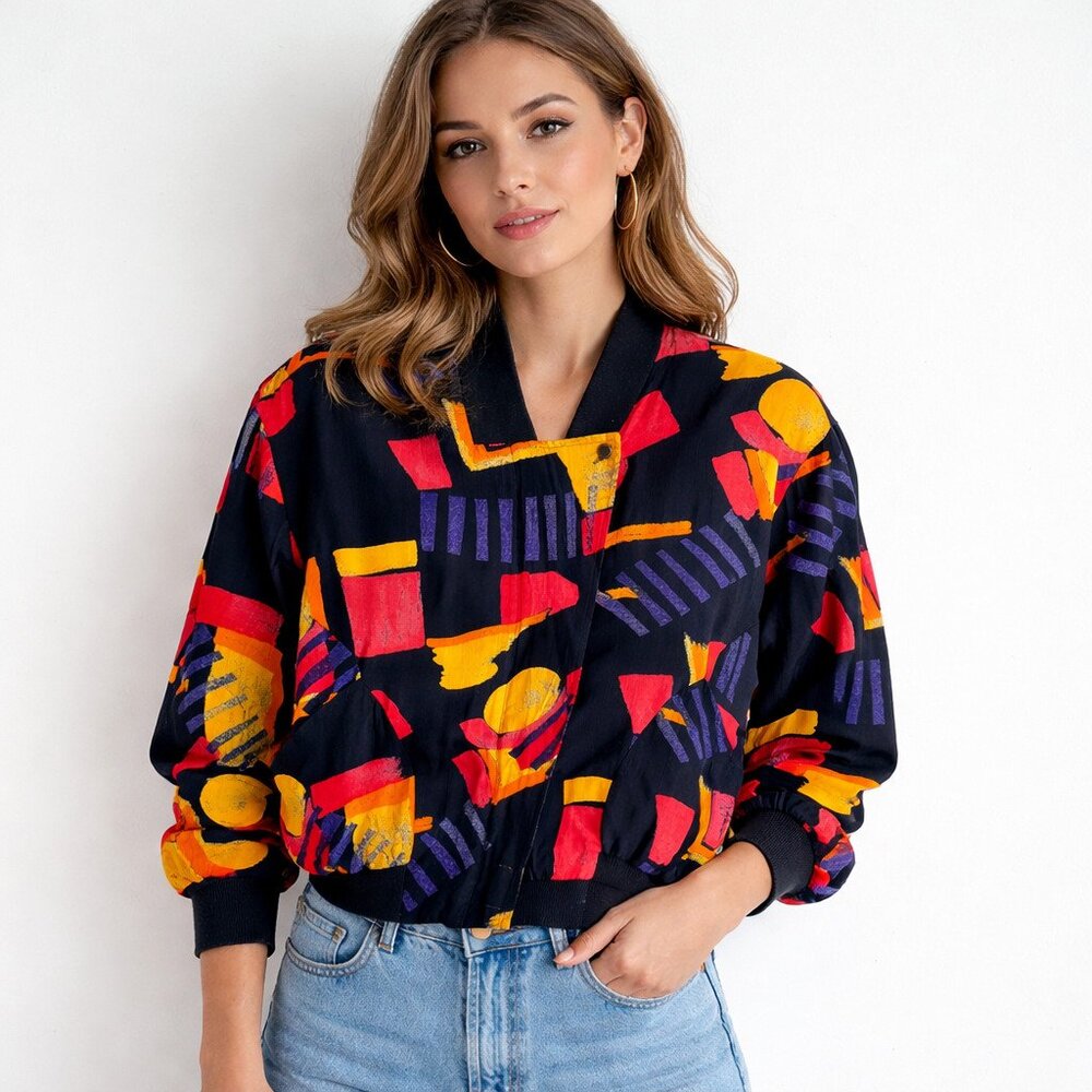 Vintage Geometric Print Lightweight Bomber Jacket M